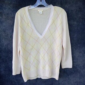 J CREW Sweater Womens 100% Cashmere Argyle Raw Edge Chiffon Trim Y2K Luxury Sz M